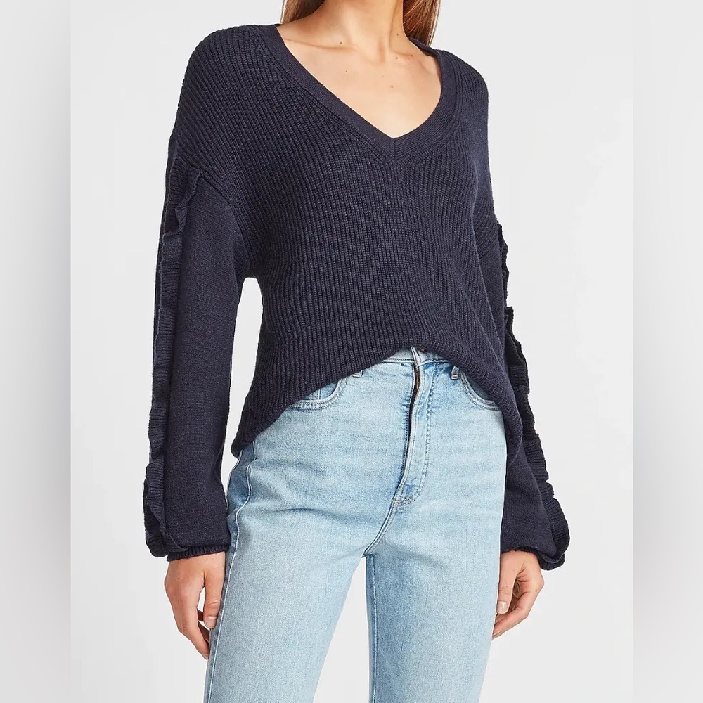 Express Ribbed Ruffle Sleeve Oversized V Neck Sweater - Size M